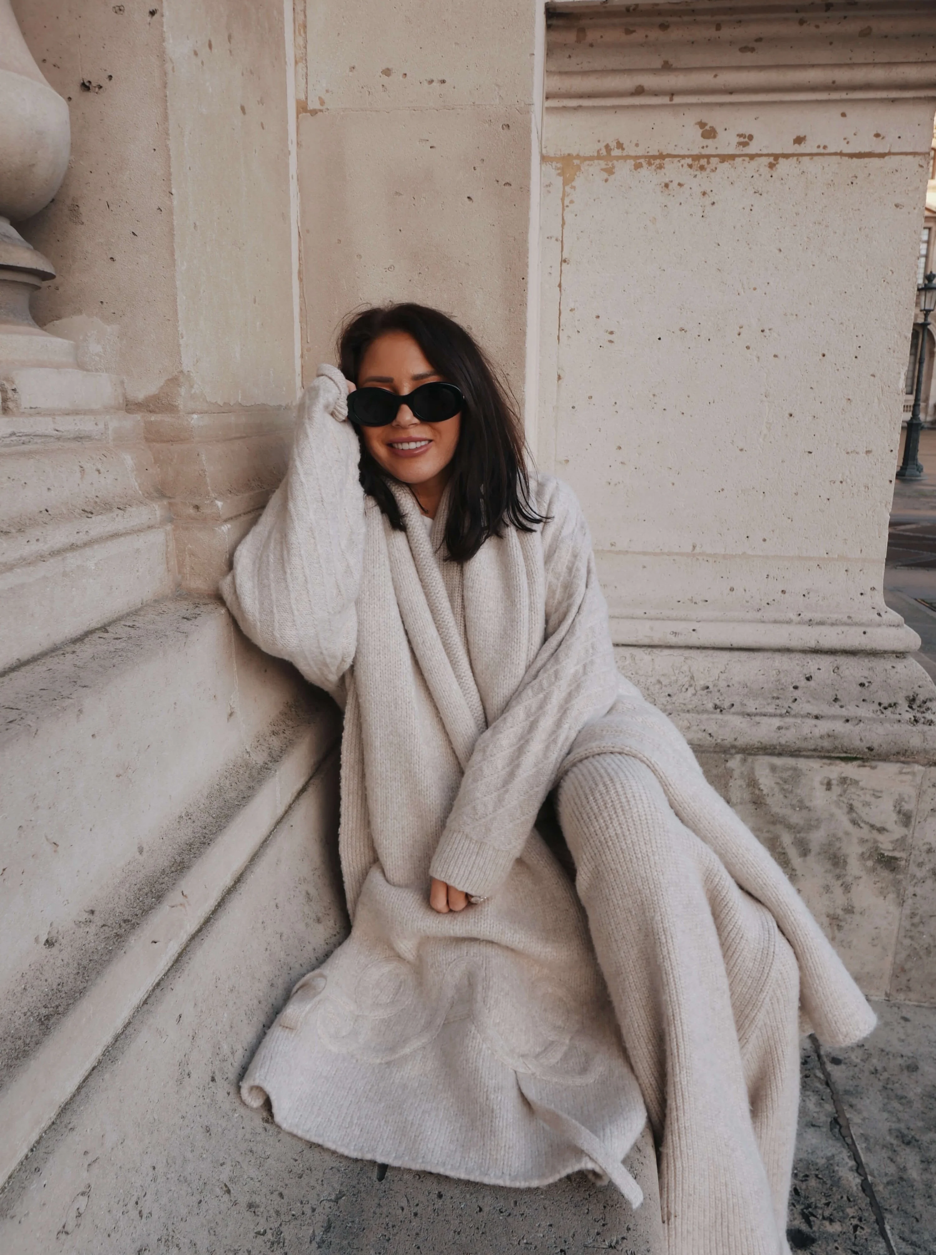 'LOULOU' WOOL BLEND APPLIQUÉ DETAIL SCARF OAT BEIGE - Image 3