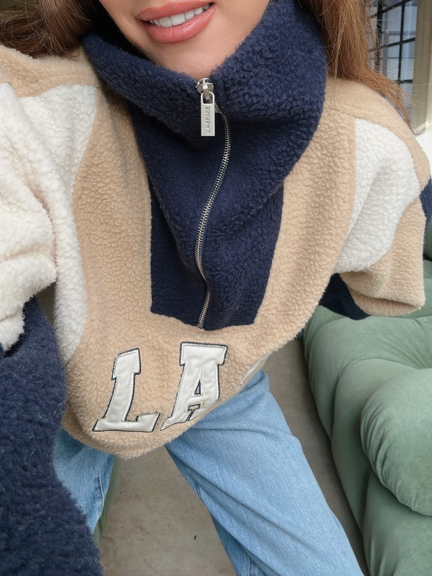 'ELYSIA' HALF ZIP TEDDY OVERSIZED COLOUR BLOCK SWEATSHIRT MULTI - Image 3