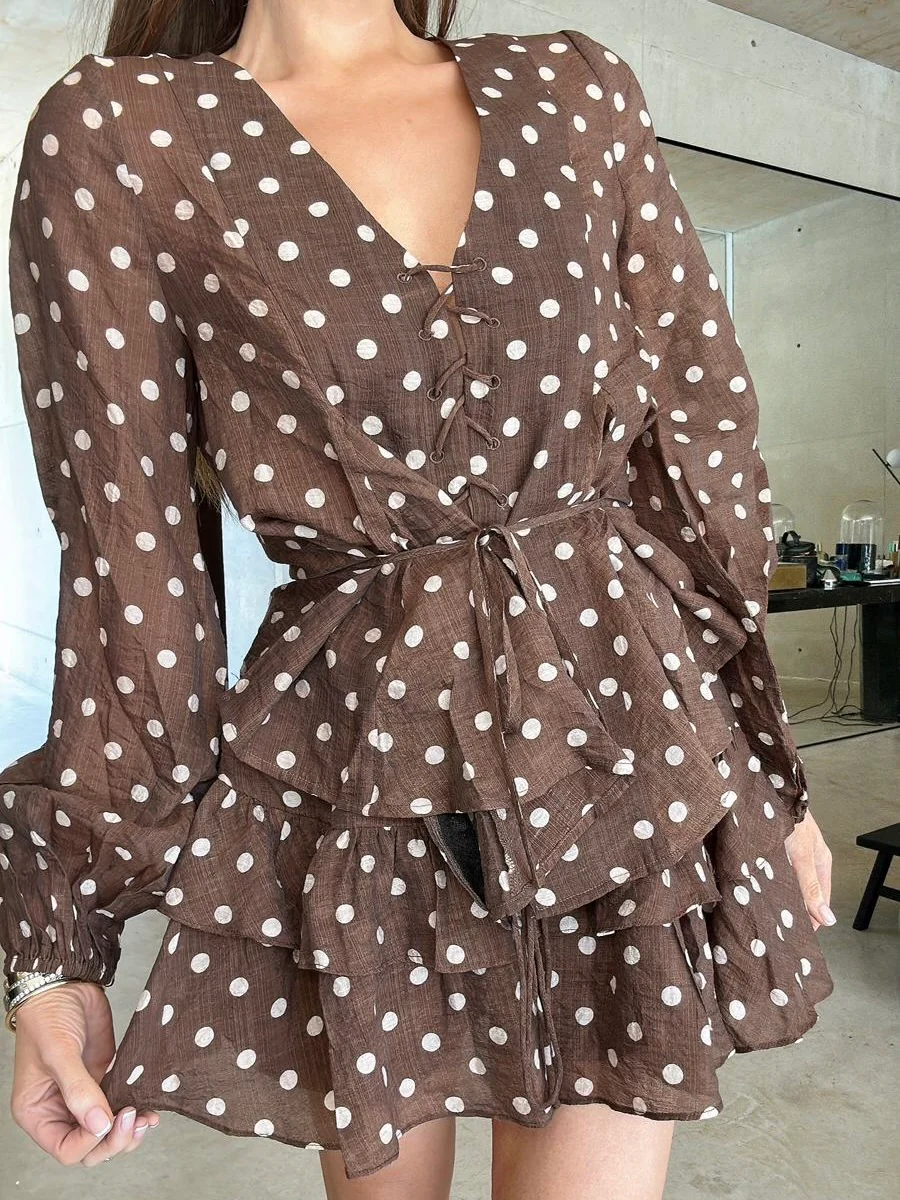 'VIVIAN' POLKA DOT LACE UP BLOUSE BROWN - Image 4