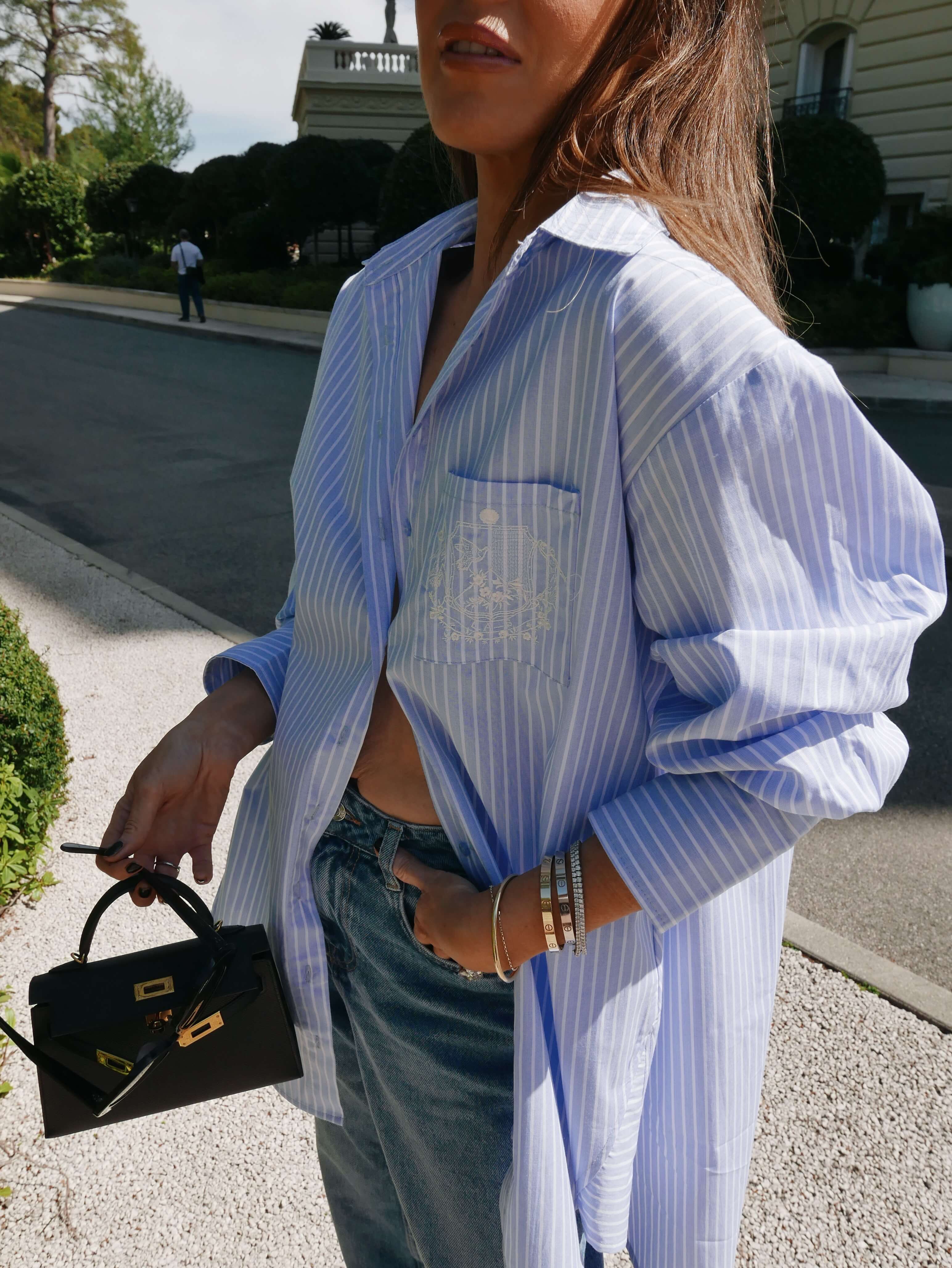 ‘EASY DOES IT’ STRIPE COTTON BOX PLEAT SHIRT BLUE - Image 6